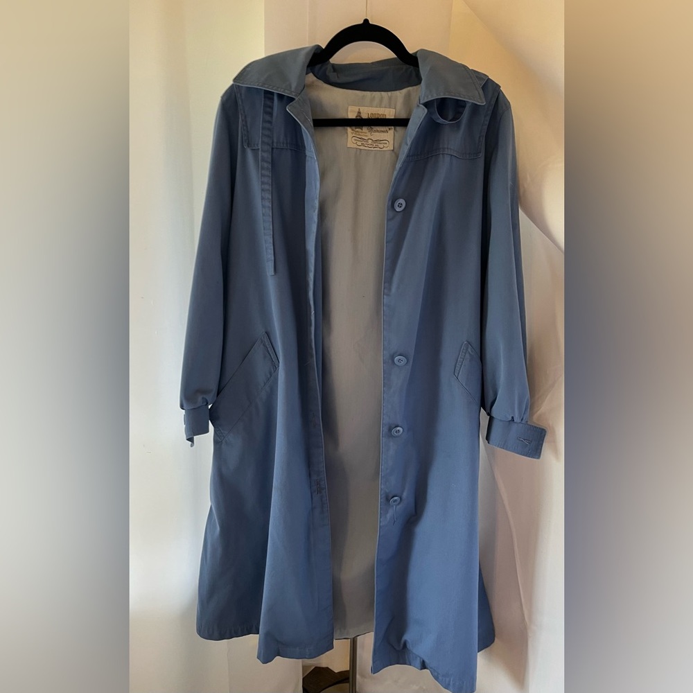 Vintage 80s London Fog Blue Hooded Raincoat Petite 12 Minimalist Classic